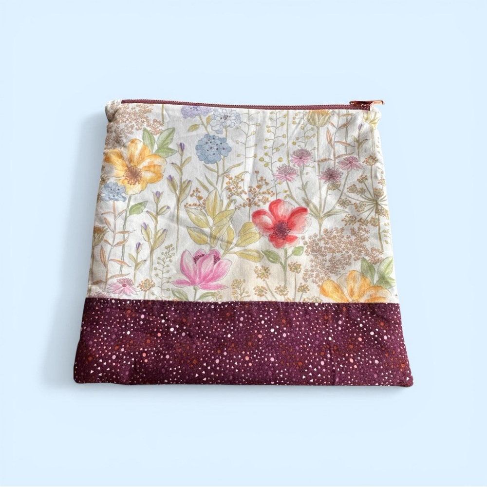 Handmade Floral Print Pouch with Burgundy Accent